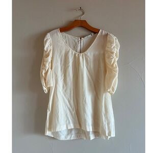 Halogen Ivory 100% Silk Ruched Puff Sleeve Blouse Top Cream Large Zip back